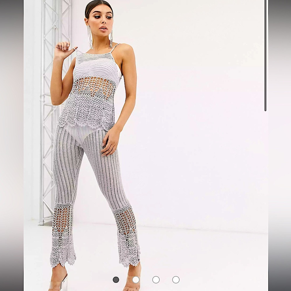 ASOS DESIGN co-ord crochet high waisted flare pants and top in metallic yarn